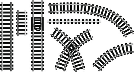 Monochrome Black and White Elements Including Straight, Curved, and Crossing Railroad Segments for Design and Maps.