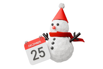 3d snowman with december 25 calendar icon. christmas holiday concept. Minimal cartoon snowman xmas calendar for christmas sale banner. isolated on white background. 3d render.
