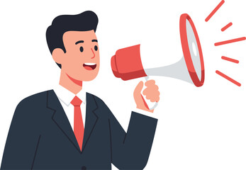Business man speaking through megaphone, leadership communication, marketing announcement and promotion message concept with confident businessman holding loudspeaker illustration