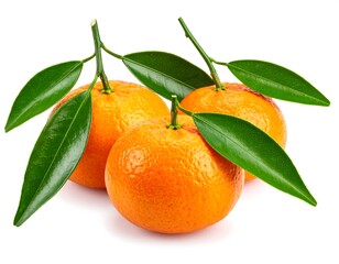 Three bright orange citrus fruits with fresh green leaves
