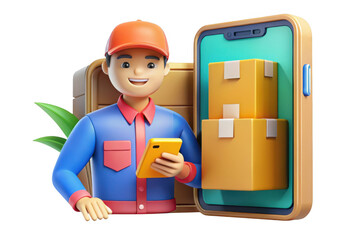 3d cartoon delivery man with boxes and mobile app, courier holding tablet for order tracking, logistics and shipping services, isolated on transparent background