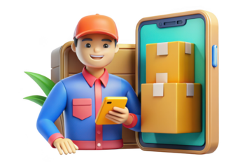 3d cartoon delivery man with boxes and mobile app, courier holding tablet for order tracking, logistics and shipping services, isolated on transparent background