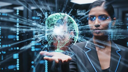 Professional woman in business attire holds glass globe with digital map of Africa, suspending hologram like orb mid air, conceptually capturing global connectivity, international business. - Powered by Adobe