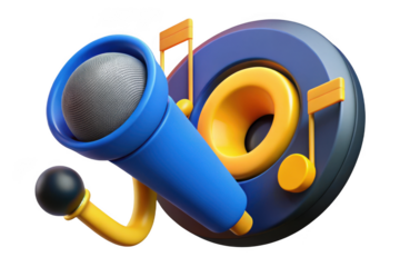 3d render of cartoon microphone with music notes, musical instrument, audio equipment, sound and singing, isolated on transparent background