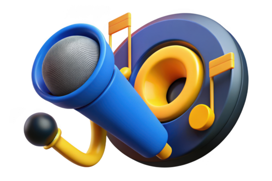 3d render of cartoon microphone with music notes, musical instrument, audio equipment, sound and singing, isolated on transparent background