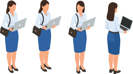 Isometric business woman standing with laptop in multiple poses, professional office character wearing formal outfit for corporate workplace illustration