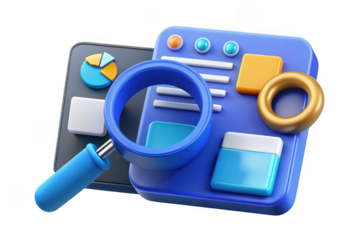 3d rendering of data analysis dashboard with magnifying glass, charts and graphs, business analytics illustration, data visualization and search isolated on transparent background