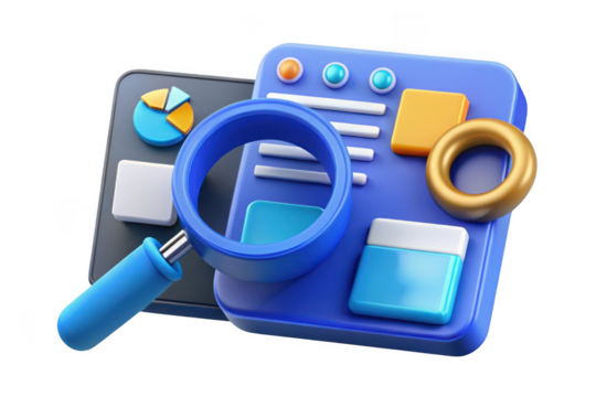 3d rendering of data analysis dashboard with magnifying glass, charts and graphs, business analytics illustration, data visualization and search isolated on transparent background