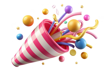 Celebration party popper with confetti, streamers, and stars for birthday, anniversary, or new year's eve event decoration, 3d render isolated on transparent background