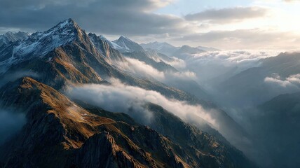 Fototapeta premium ultra-realistic wide shot of clouds moving over a mountain range, golden hour light, majestic landscape, cinematic time-lapse, photorealistic