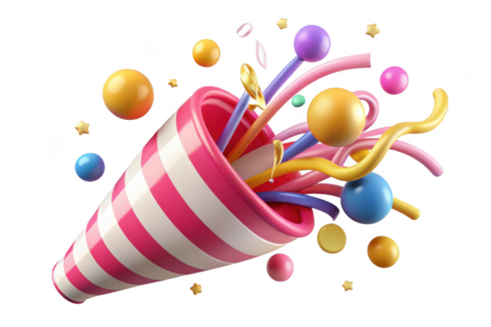 Celebration party popper with confetti, streamers, and stars for birthday, anniversary, or new year's eve event decoration, 3d render isolated on transparent background