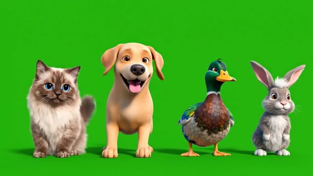 Adorable Animated Animal Friends Group on Green Screen Background