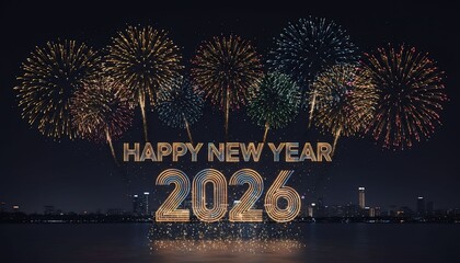 New Year Celebration, Fireworks, City Skyline, Digital Art, Night Scene, Festive Atmosphere, 2026 Celebration
