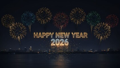 New Year's Celebration Fireworks Over City Skyline at Midnight 2026 - Festive Night View