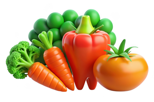 High resolution 3d render of fresh vegetables: tomato, carrots, broccoli, peas, and pepper for healthy eating and cooking isolated on transparent background