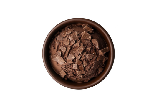 Delicious chocolate ice cream bowl with chocolate chunks dessert sweet frozen treat food photography isolated on transparent background