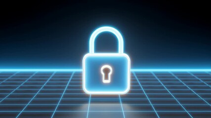 A cyber lock icon floating above a network of neon grid lines, representing strong cybersecurity and digital protection. - Powered by Adobe