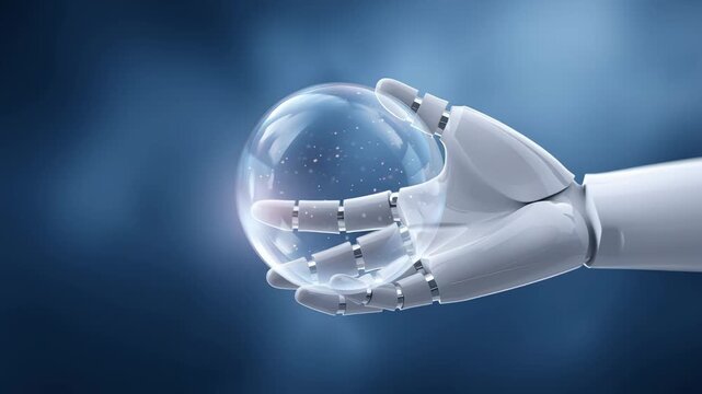 A robot hand touching or poking a bubble, symbolizing concerns about the AI technology crisis, a stock market downturn, and a bursting bubble crisis.