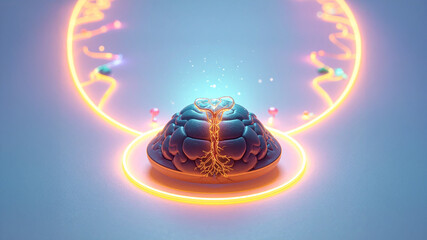 Futuristic brain model with neural connections growing from the center, surrounded by a DNA arc. Represents neuro-tech, AI, learning, data processing, and mental wellness concept. High-level science.