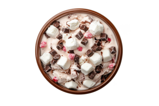 Delicious rocky road ice cream bowl with marshmallows and chocolate chunks dessert top view png image stock photo isolated on transparent background