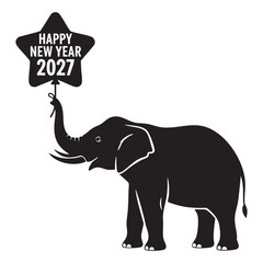 Cute Elephant Silhouette Holding Star Balloon with Happy New Year 2027 Text Vector Illustration