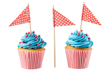 Delicious cupcakes with blue frosting and red polka dot flags, party treats, celebration desserts, sweet isolated on transparent background