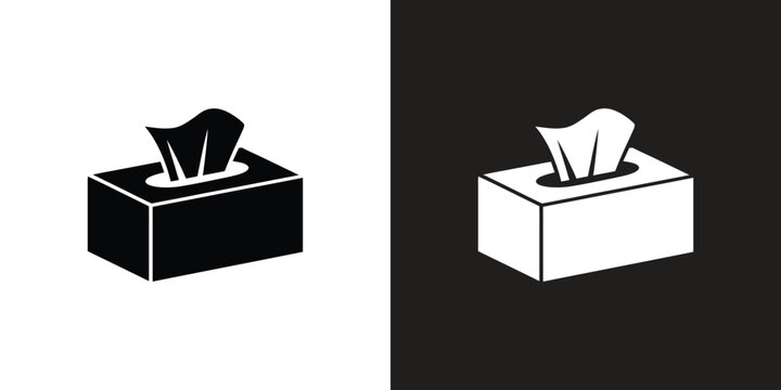 Black and white tissue box icons with tissues emerging, presented on split backgrounds
