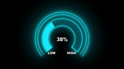 Animated neon line digital semicircle gauge presentation template, moving from extremely high to safe low reading, level indicator, measurement instrument, meter display design, status symbol 4k