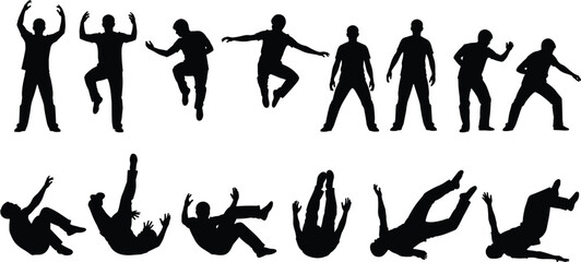 Silhouette collection of men in action poses, vector illustration of jumping, falling down, slipping accidents, and dynamic movement.