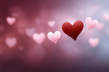Romantic heart shapes float on soft pink and purple gradient background, creating dreamy and affectionate atmosphere perfect for love, celebration, or Valentine Day themes