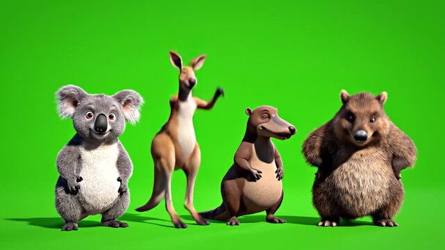 Cute 3D Cartoon Australian Animals: Koala, Kangaroo, Echidna, Wombat on Green Screen