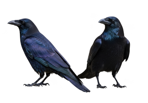 Two raven bird standing side by side stock photo, wildlife photography, ornithology, birdwatching image, raven illustration, raven art isolated on transparent background - Powered by Adobe