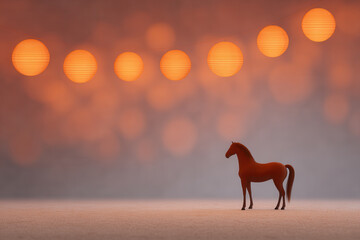 Brown horse figurine stands on sandy surface under glowing orange lanterns, with soft bokeh background creating dreamy, festive atmosphere