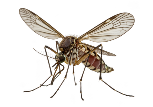 Detailed close-up of a mosquito insect vector carrier pest dangerous zika virus malaria isolated on transparent background