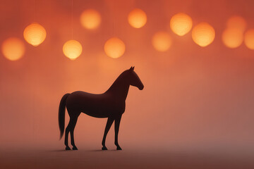 Silhouette horse standing under glowing lanterns, warm orange light creates dreamy, peaceful atmosphere, soft shadows and gentle mist enhance magical evening mood