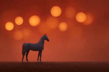 Silhouette horse stands against orange bokeh lights, creating dreamy, peaceful atmosphere with warm tones and soft focus, evoking calm and tranquility in minimalistic style