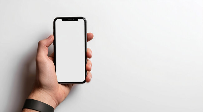 Hand holding an smartphone with a white screen, against a white background - Powered by Adobe
