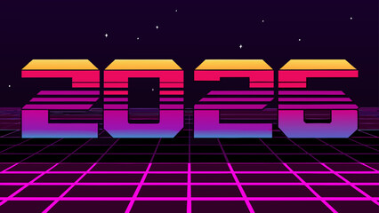 Retro style illustration of the year two thousand twenty six on a grid with a starry background