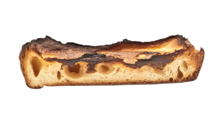 Slice of burnt bread showing dark toasted surface with crisp charred texture and visible overcooked edges clearly isolated on white background