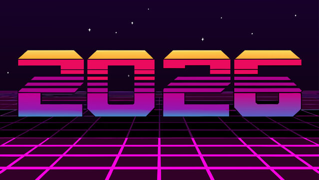 Retro style illustration of the year two thousand twenty six on a grid with a starry background