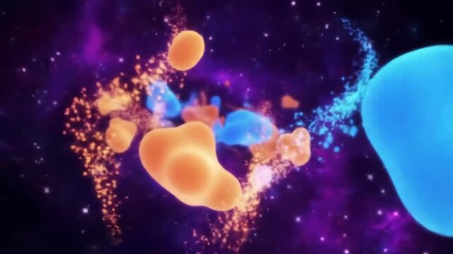 A vibrant cosmic scene with amorphous shapes in blue and orange against a dark purple, starry backdrop. It evokes a sense of depth