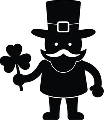 Black silhouette of leprechaun wearing hat holding shamrock