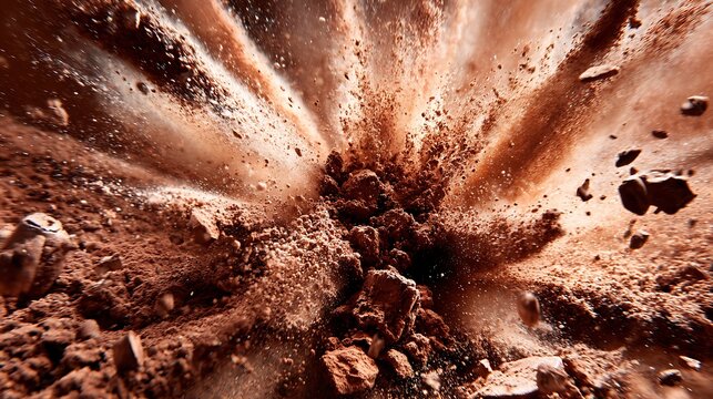 Explosion of Brown Powder and Rock Fragments Creating Dynamic Energy Wave