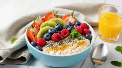 A healthy breakfast bowl with oatmeal, fresh berries, kiwi, chia seeds, and a glass of orange juice - Powered by Adobe
