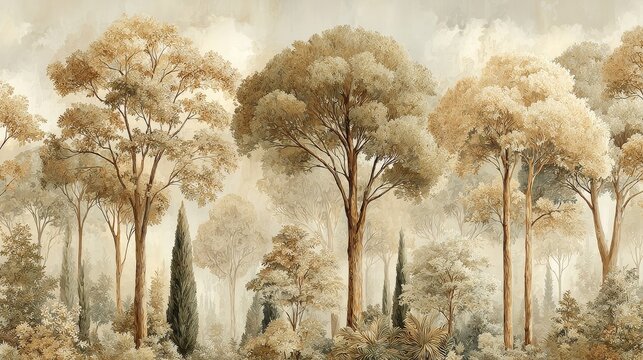 Elegant hand-painted mural wallpaper with serene ivory and beige landscape, tall poplar trees with distinct crowns, minimal details, refined balanced composition, timeless wall art.
