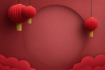 Red lantern circle frame paper cut cloud festive traditional Asian decoration celebration hanging background create joyful atmosphere for festival or holiday event design