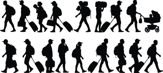 Silhouette of people traveling walking with luggage, suitcases, and backpacks, vector illustration of tourists, journey, airport passengers, and migration.