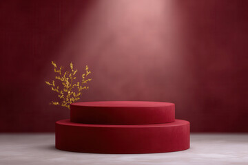 Red round podium with soft spotlight, minimalistic stage design, yellow floral branch accent, elegant display for product presentation, modern interior, calm atmosphere