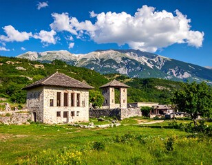 Historic stone structures amidst verdant landscape and towering mountains