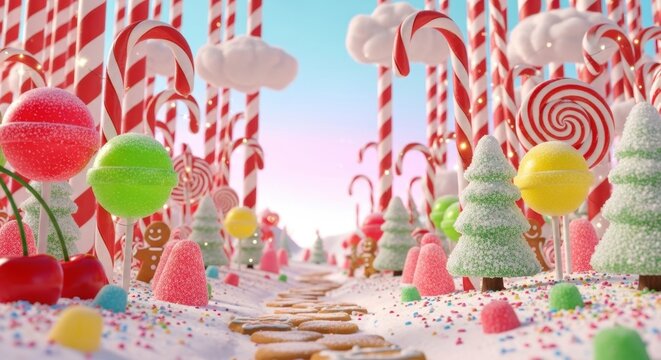 Enchanting candy land vista featuring whimsical sweets, candy canes, and gingerbread figures